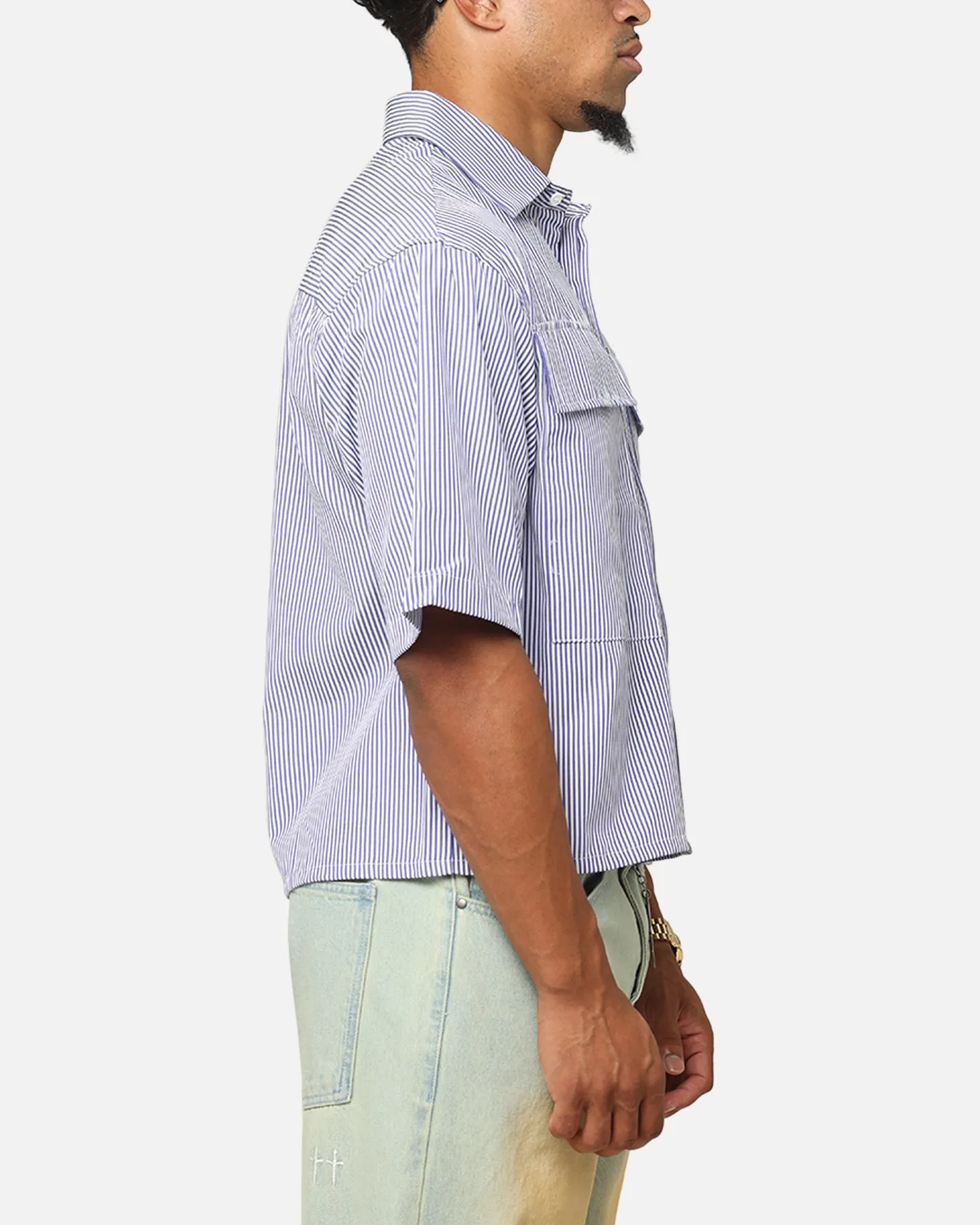 MNML Cropped Striped Short Sleeve Shirt Blue