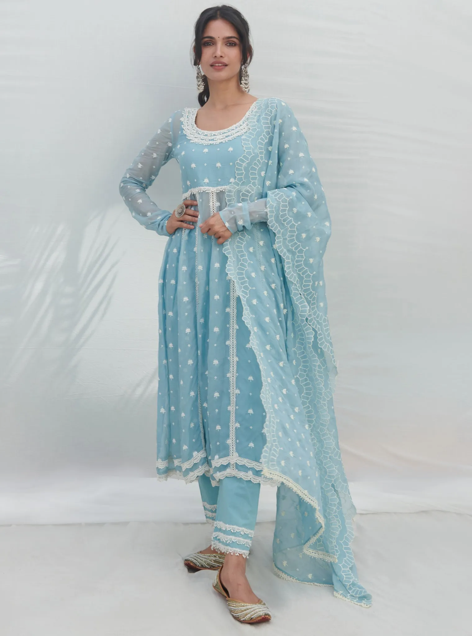 Mulmul Organza Anarkali Raia Blue Kurta With Mulmul Cotton Raia Blue Pant
