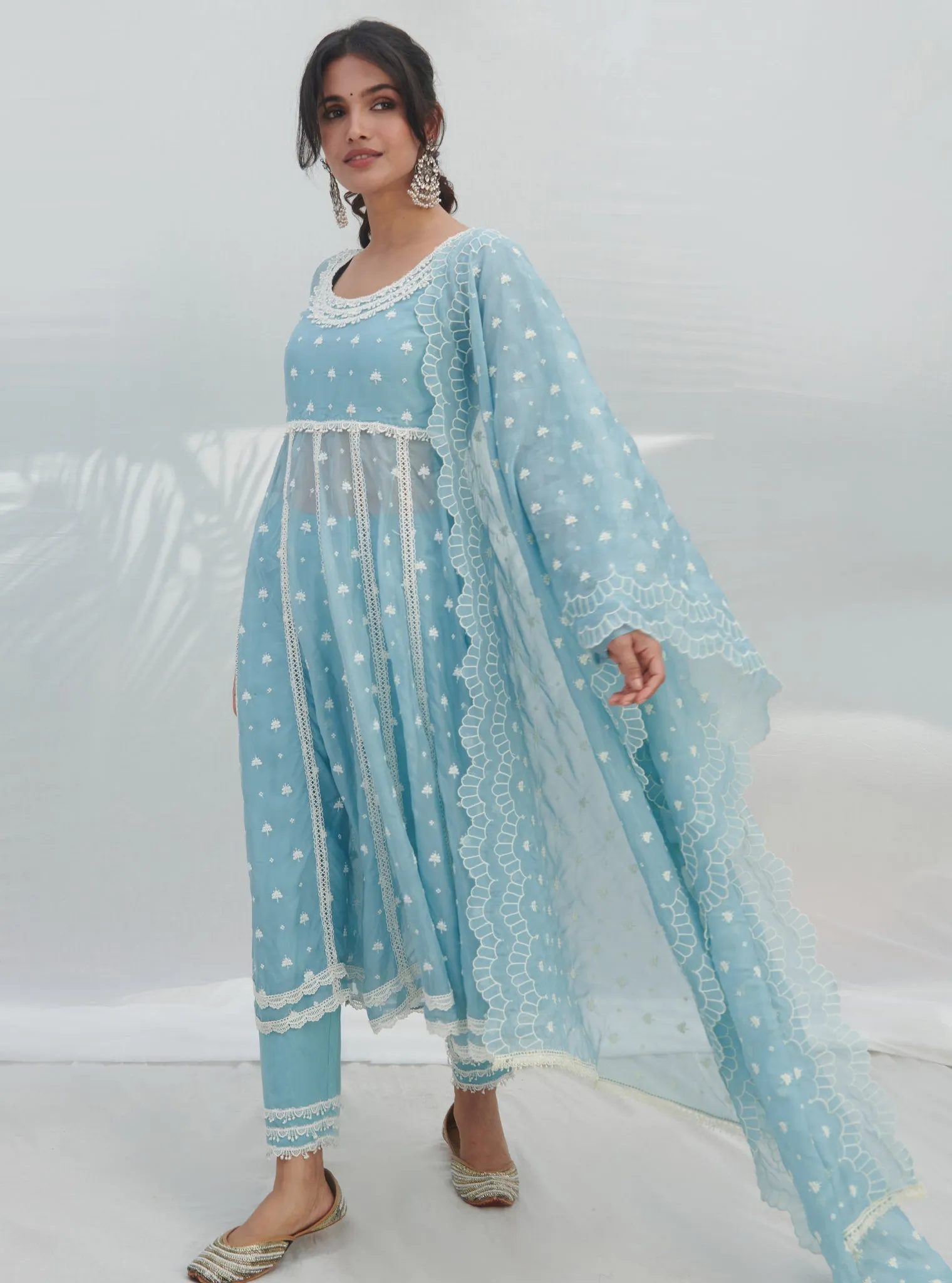 Mulmul Organza Anarkali Raia Blue Kurta With Mulmul Cotton Raia Blue Pant