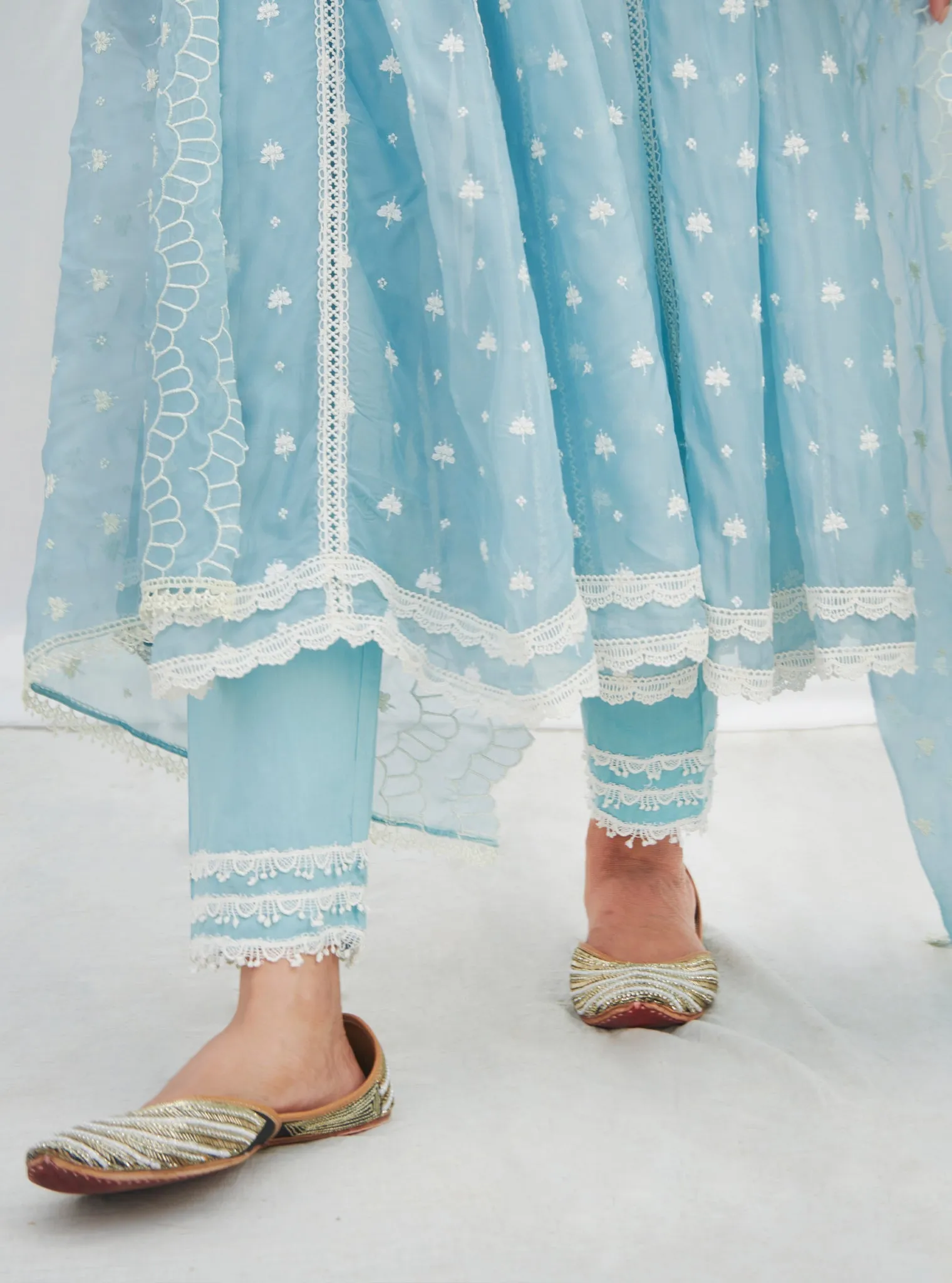 Mulmul Organza Anarkali Raia Blue Kurta With Mulmul Cotton Raia Blue Pant