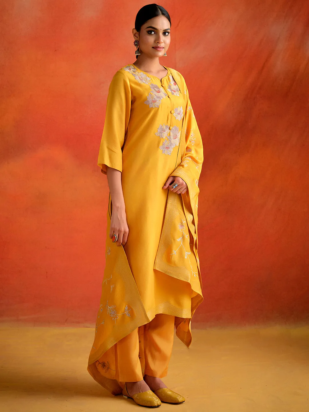 Mustard Hand Embroidered Festive Kurta Set With Dupatta