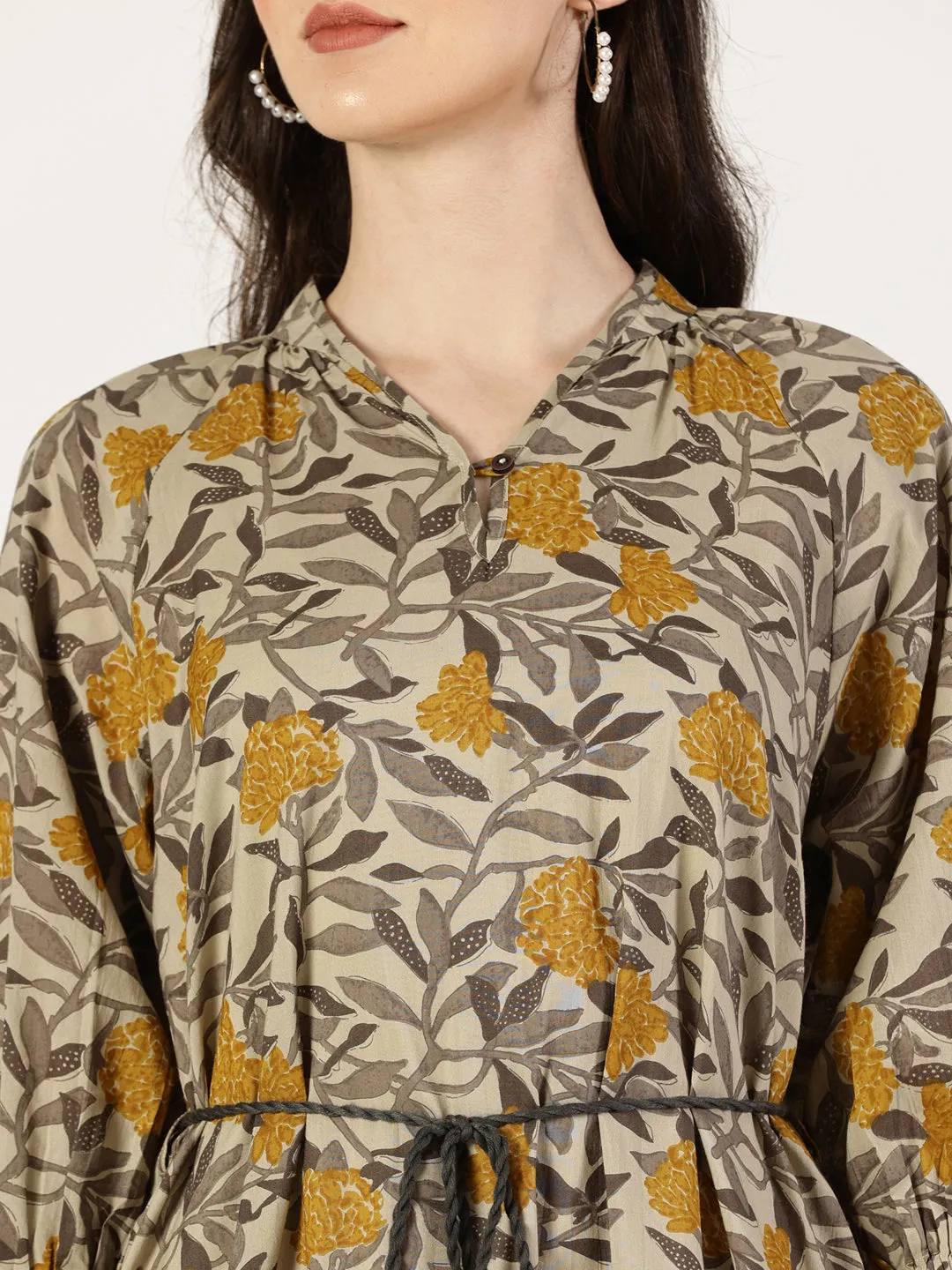 Mustard Tropical Print Cotton Dress with Waist Tie-up