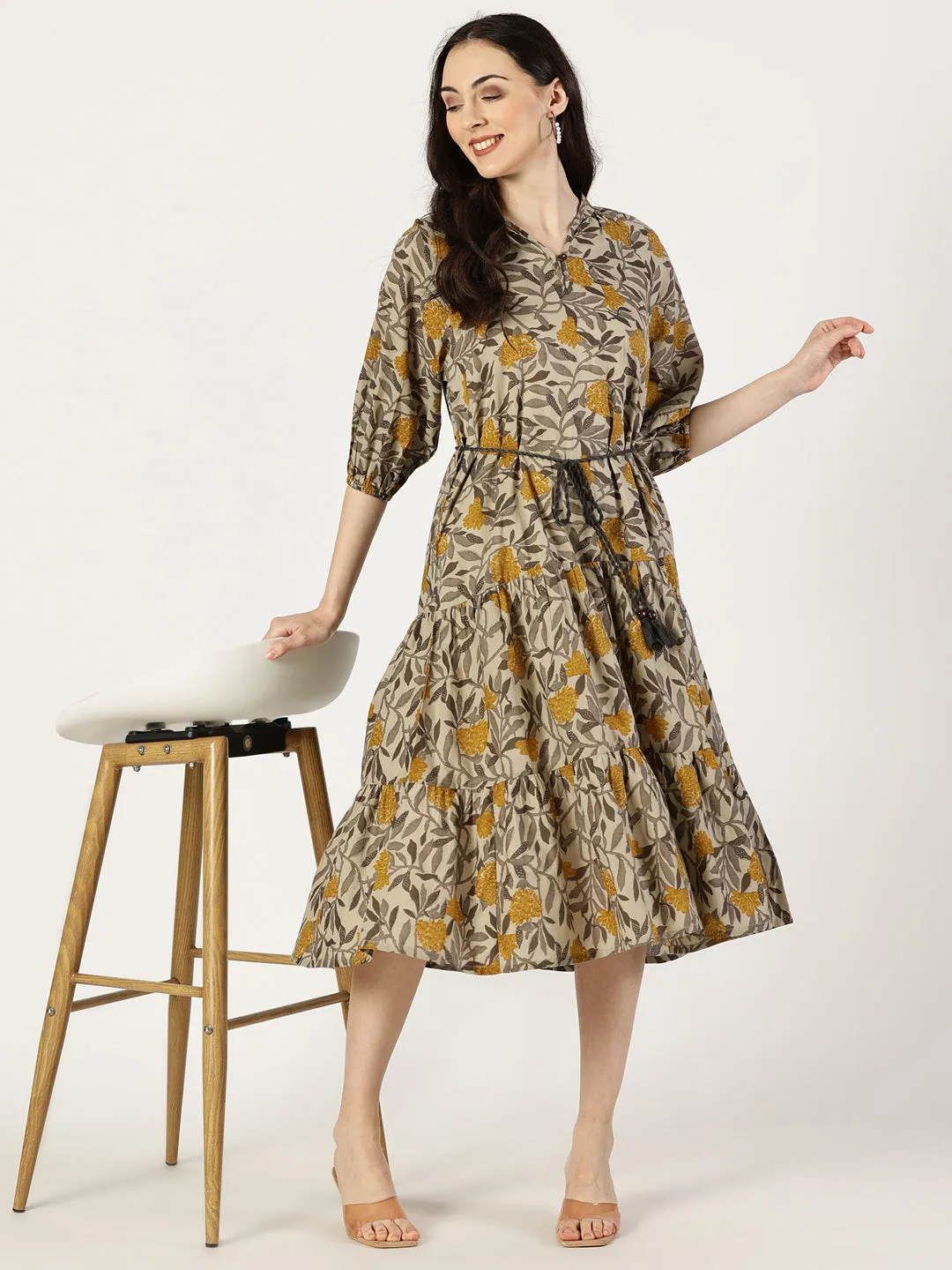 Mustard Tropical Print Cotton Dress with Waist Tie-up