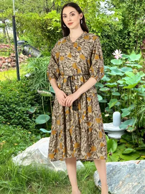 Mustard Tropical Print Cotton Dress with Waist Tie-up