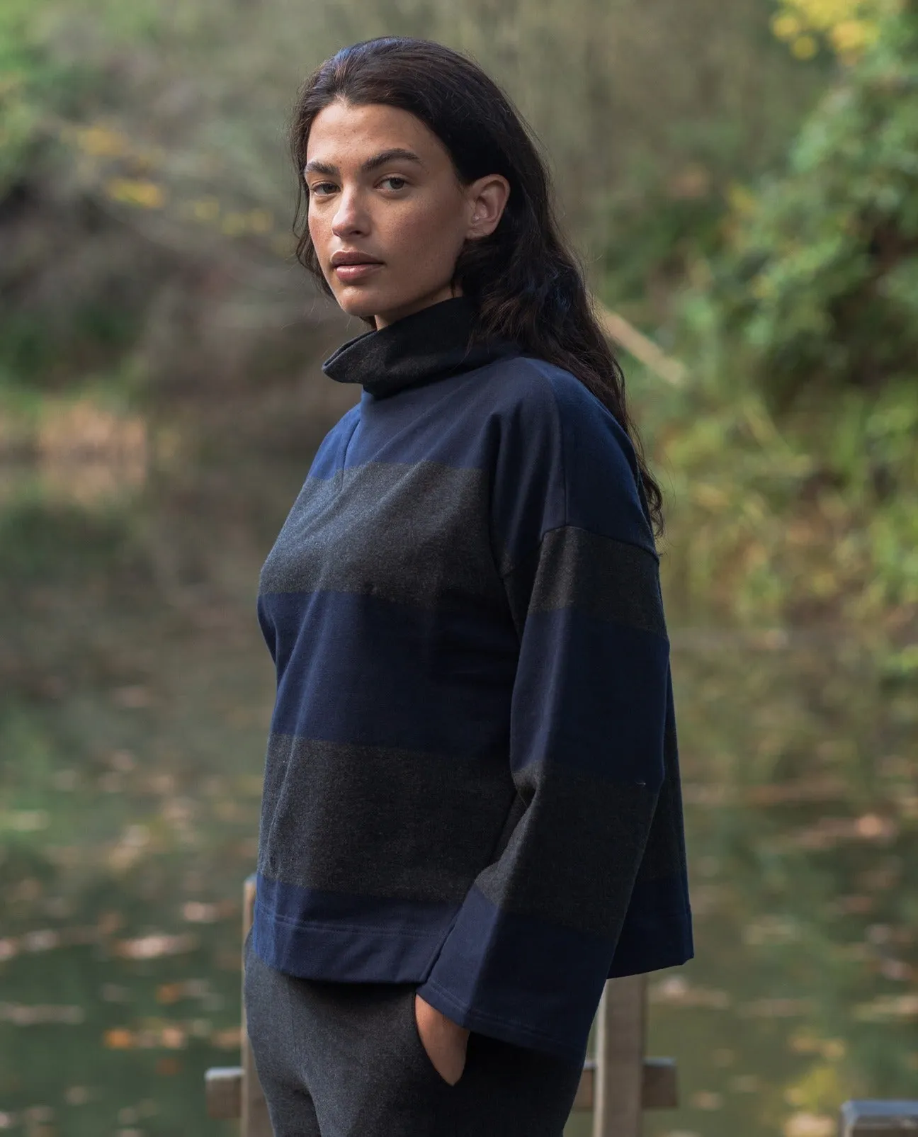 Nadine-Sue Organic Cotton Sweatshirt in Black Marl and Navy Stripe