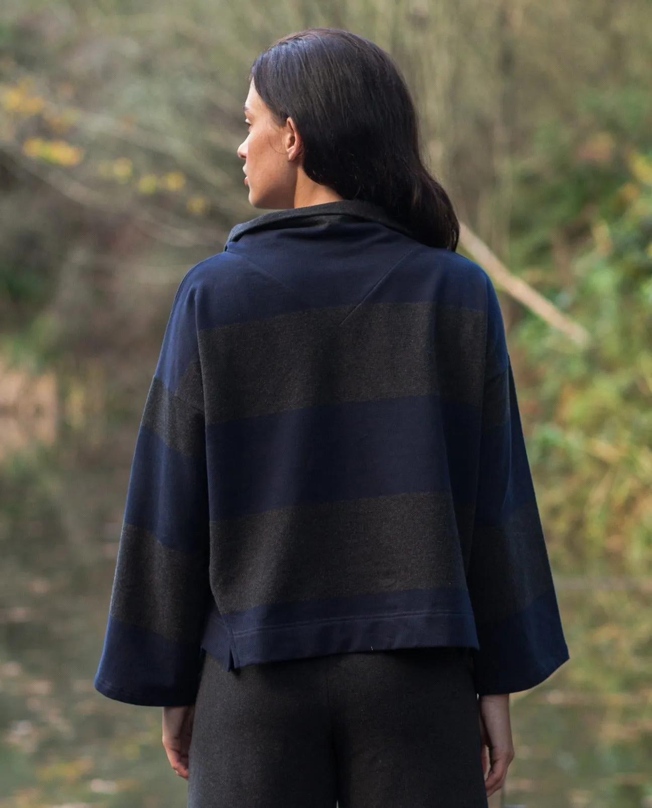 Nadine-Sue Organic Cotton Sweatshirt in Black Marl and Navy Stripe