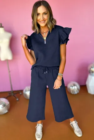 Navy Blue Textured Ruffled Cap Sleeve Top Wide Leg Pants Set
