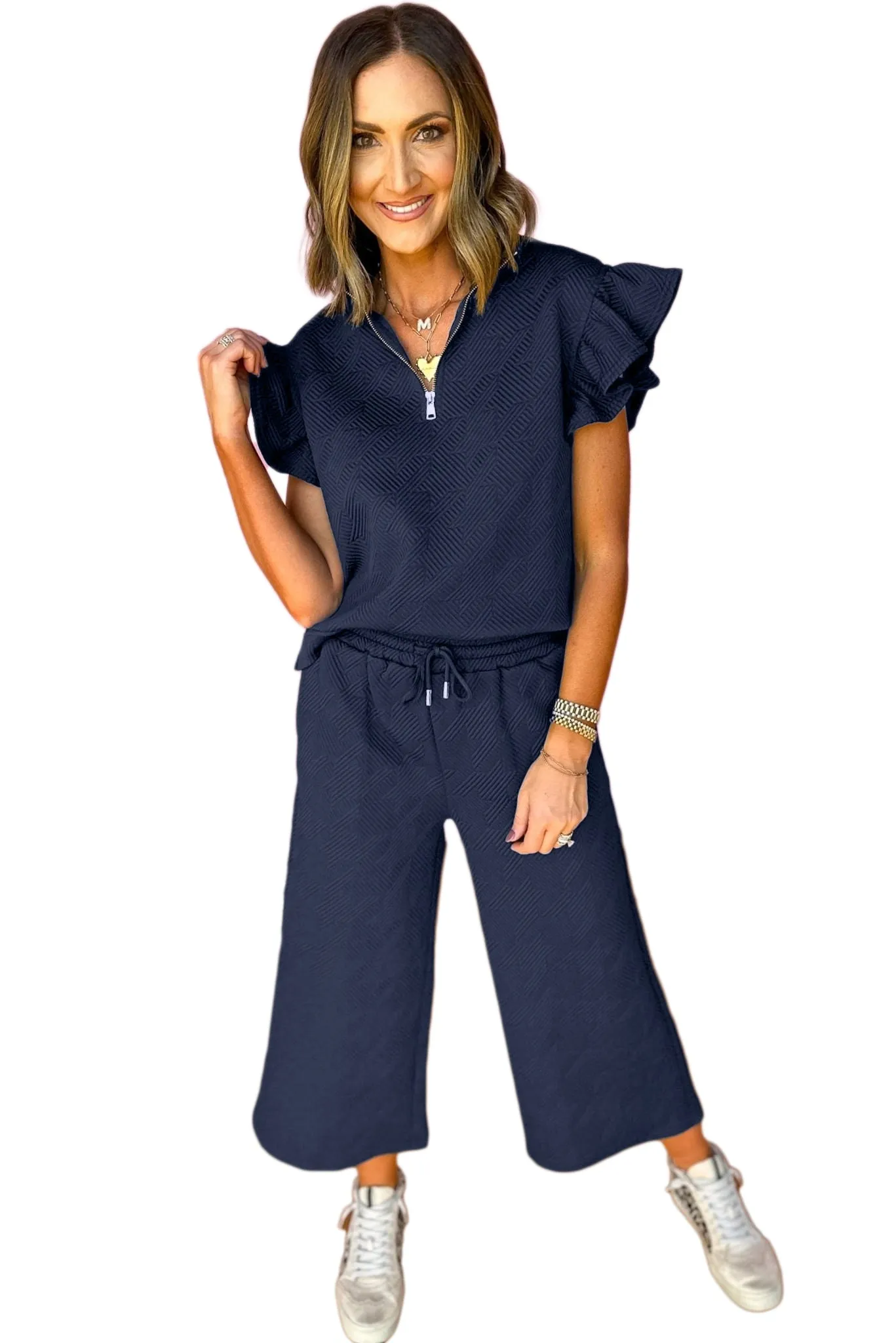 Navy Blue Textured Ruffled Cap Sleeve Top Wide Leg Pants Set