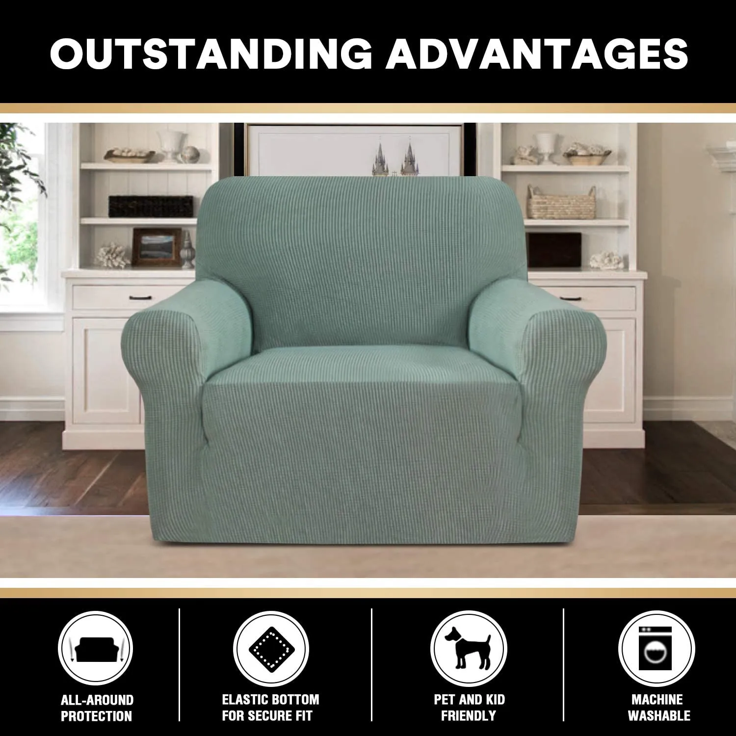 New EasyGoing Stretch Armchair Slipcover for Chairs. Protector Cover for Dogs / Pets / Kids, Feature Checks Pattern Jacquard, Thick and Soft - Sage