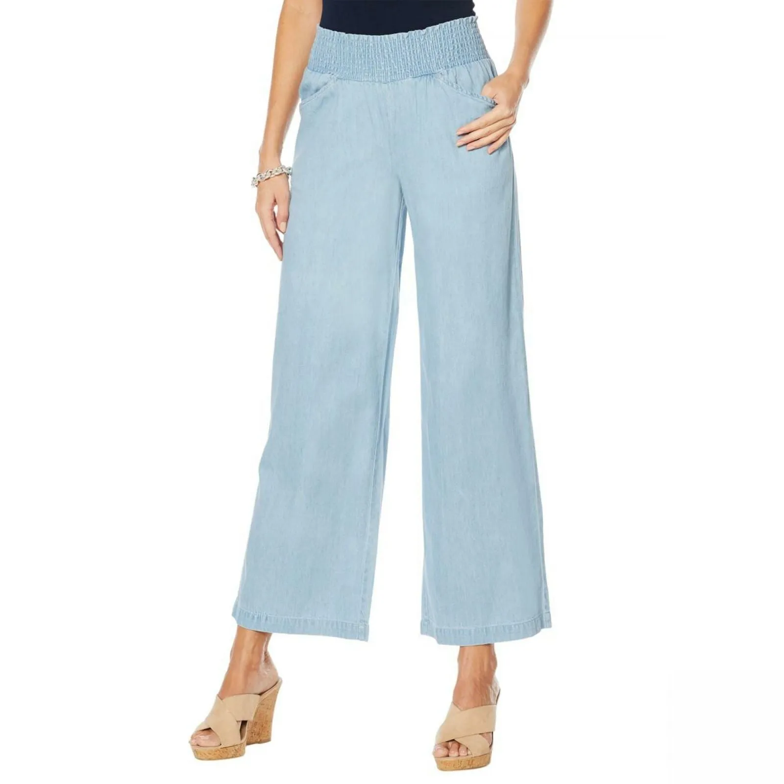 NWT DG2 By Diane Gilman Womens Smocked Palazzo Cotton Jeans Pants. 680780 Small