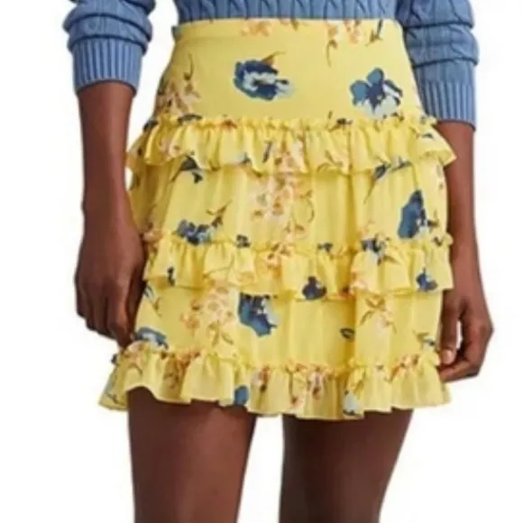 NWT Lauren Ralph Lauren Floral Ruffle-Trim Georgette A-Line Mini Skirt