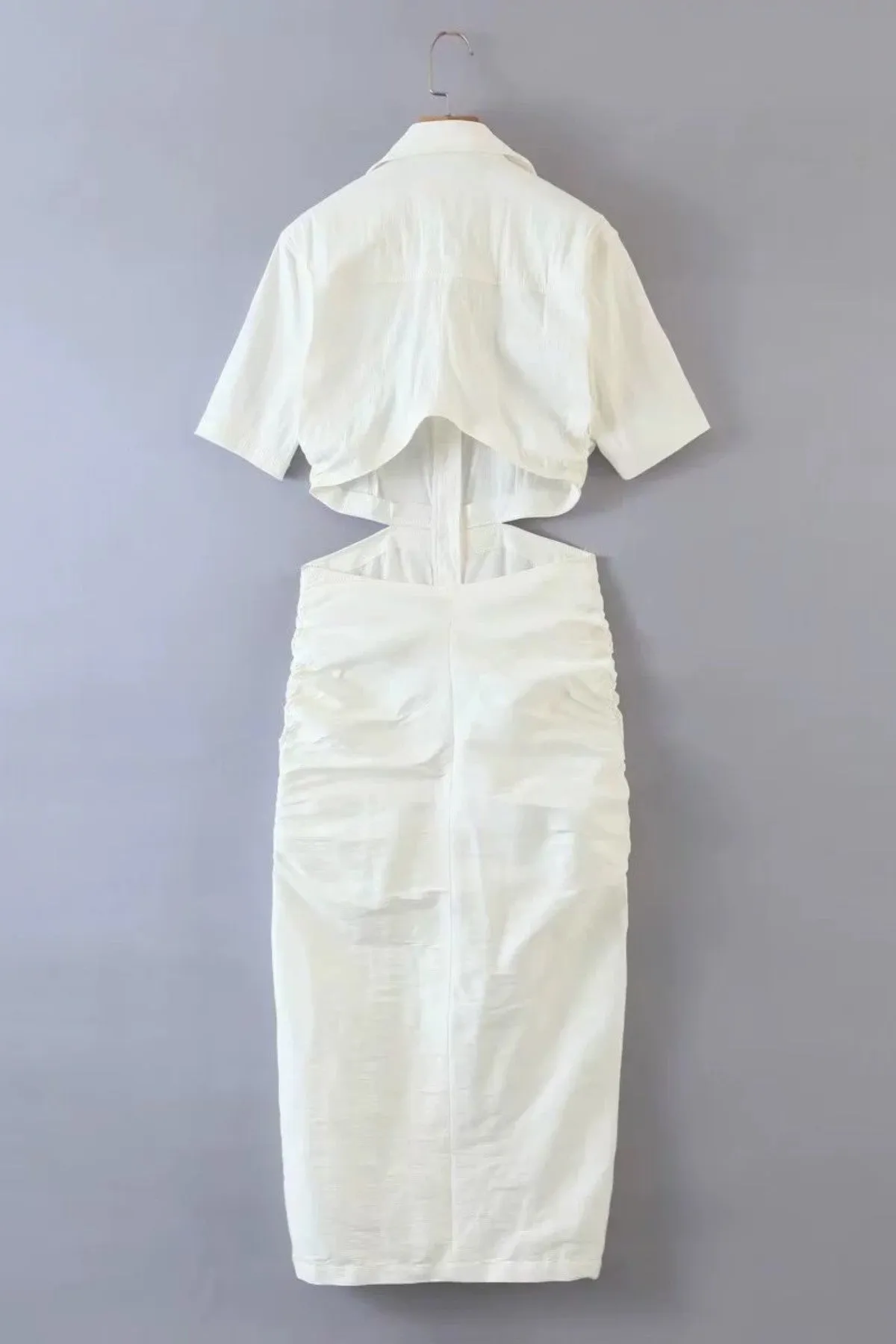 OAKLEY Open-Back Button-Down Ruched Sides Midi Dress (White)