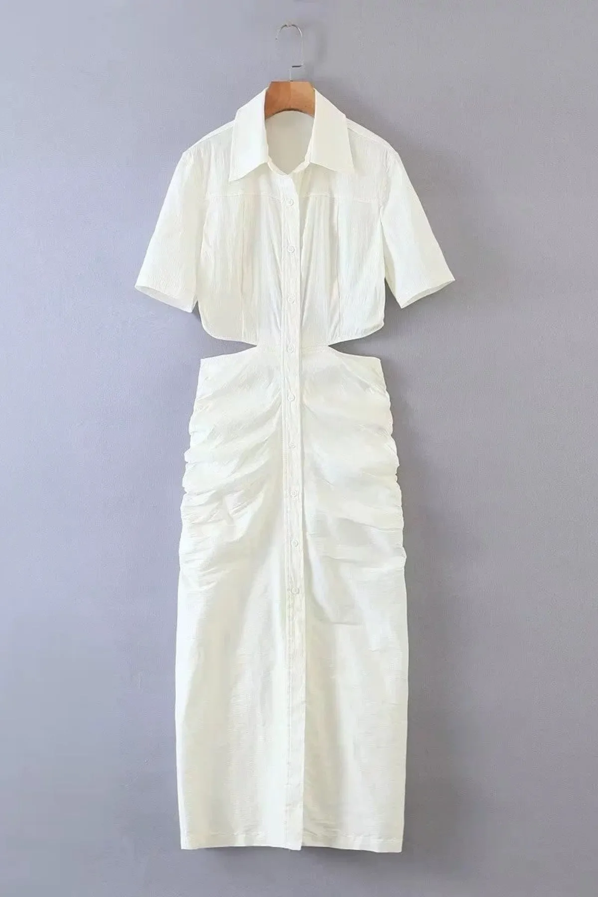 OAKLEY Open-Back Button-Down Ruched Sides Midi Dress (White)