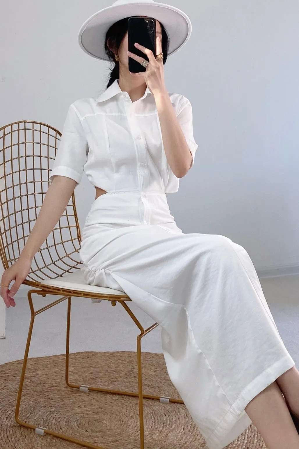 OAKLEY Open-Back Button-Down Ruched Sides Midi Dress (White)