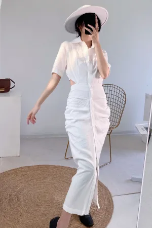 OAKLEY Open-Back Button-Down Ruched Sides Midi Dress (White)