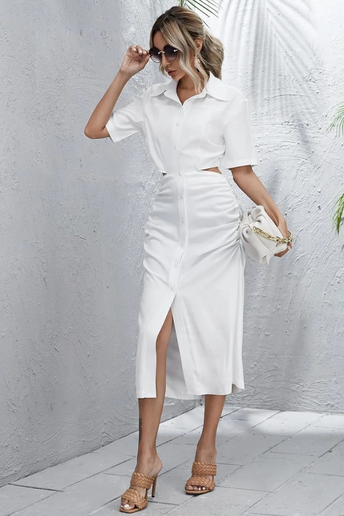 OAKLEY Open-Back Button-Down Ruched Sides Midi Dress (White)