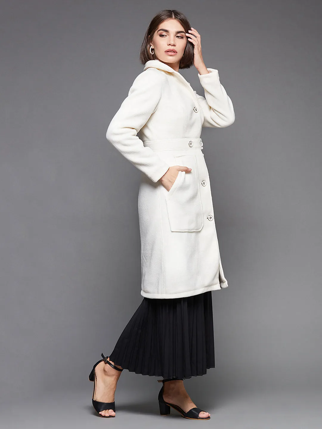 Off White Collar Full Sleeves Pocketed Longline Winter Wear Blazer Jacket