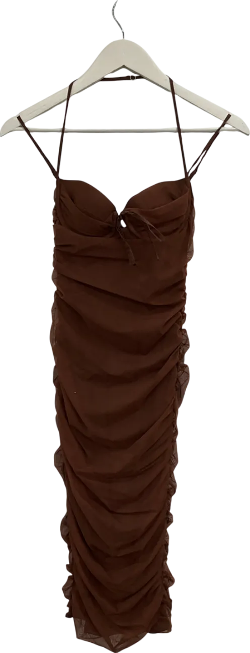 Oh Polly Brown Karelma Mesh Ruched Midi Dress UK 6