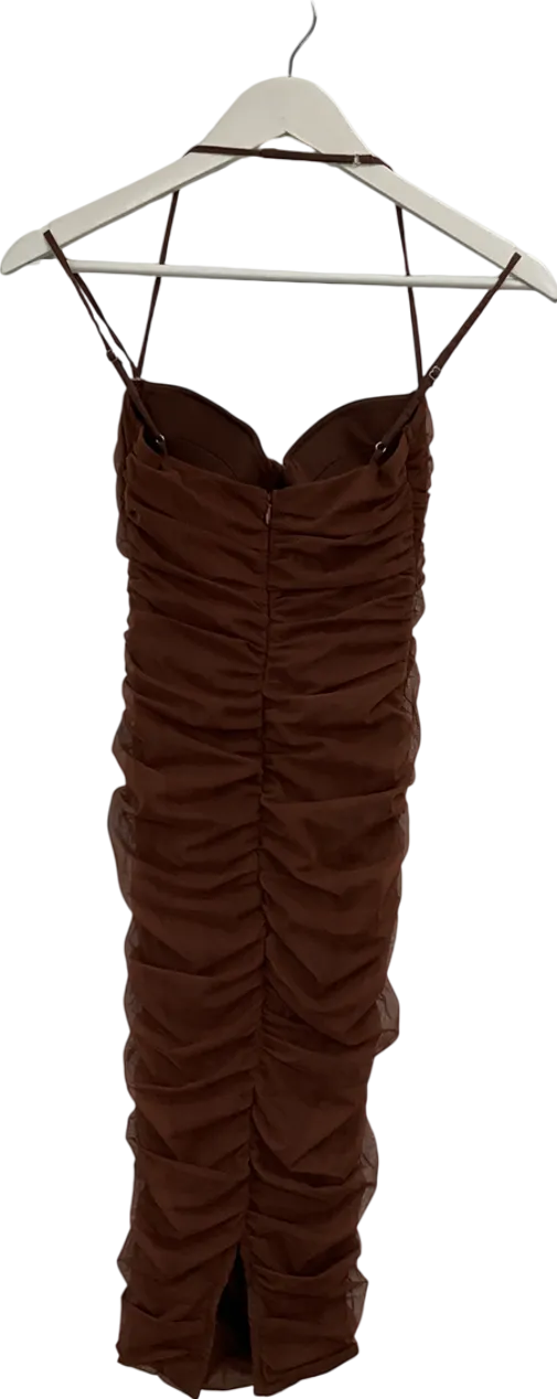Oh Polly Brown Karelma Mesh Ruched Midi Dress UK 6