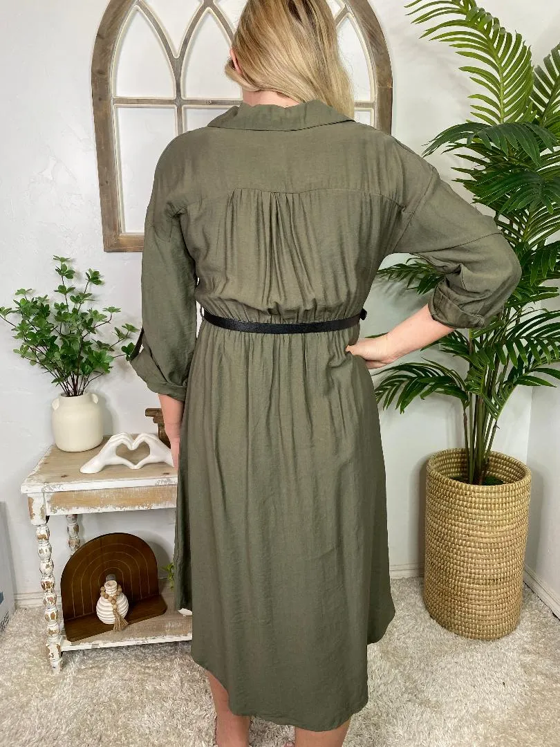 Olive Button Down Midi with Gold Buttons