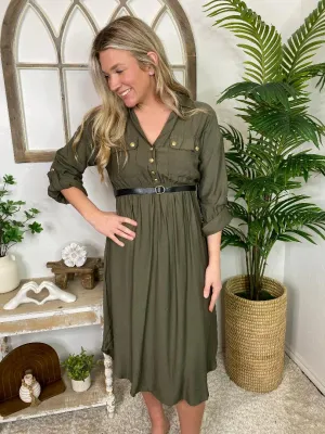 Olive Button Down Midi with Gold Buttons
