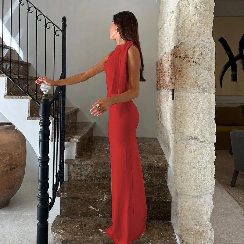 One Shoulder Ribbon Solid Color Dress