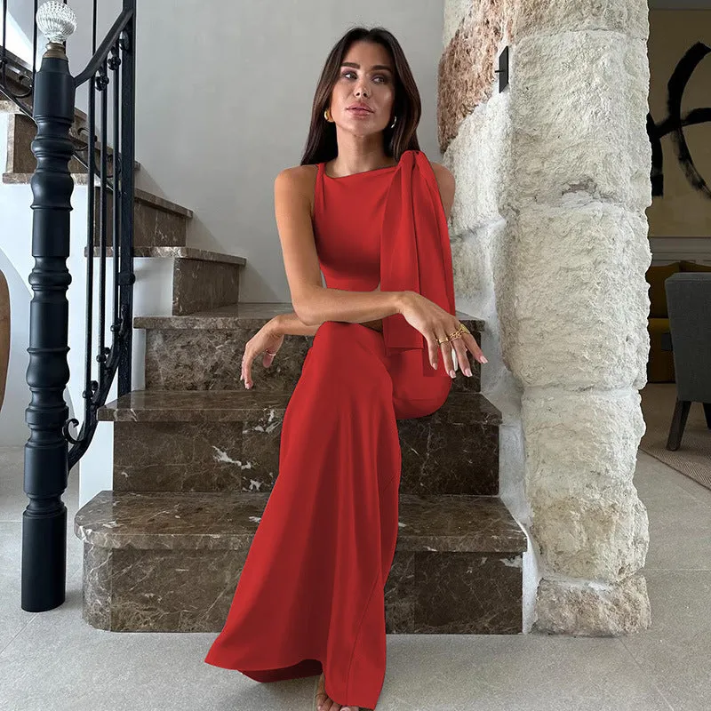 One Shoulder Ribbon Solid Color Dress