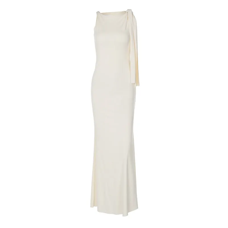 One Shoulder Ribbon Solid Color Dress