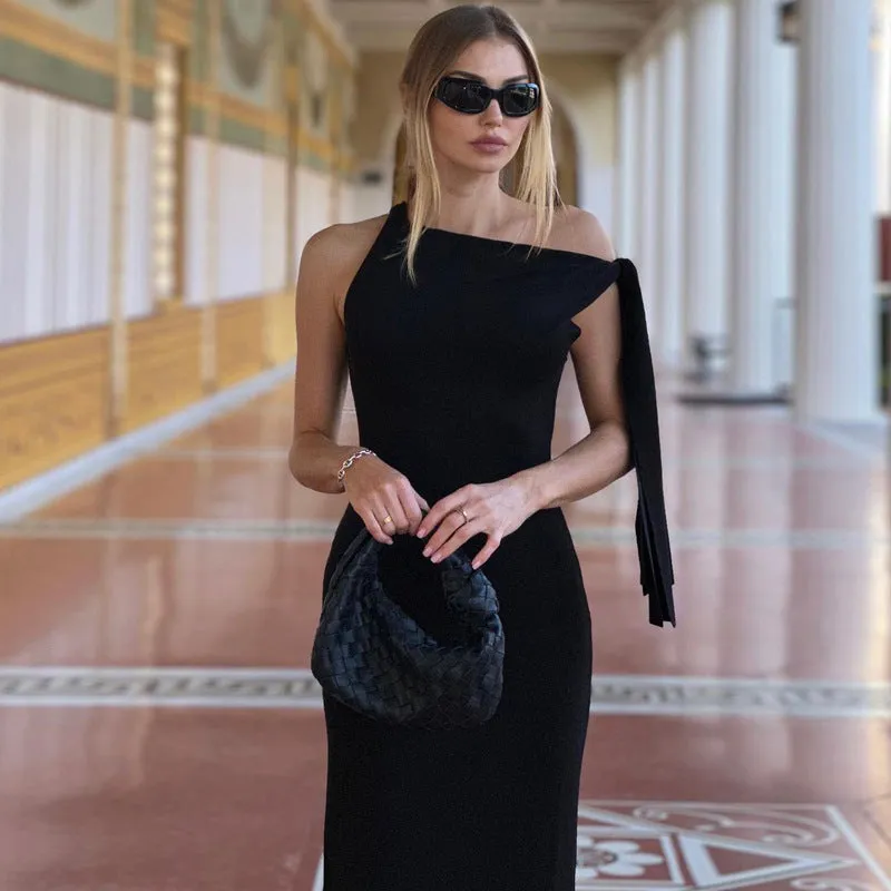 One Shoulder Ribbon Solid Color Dress