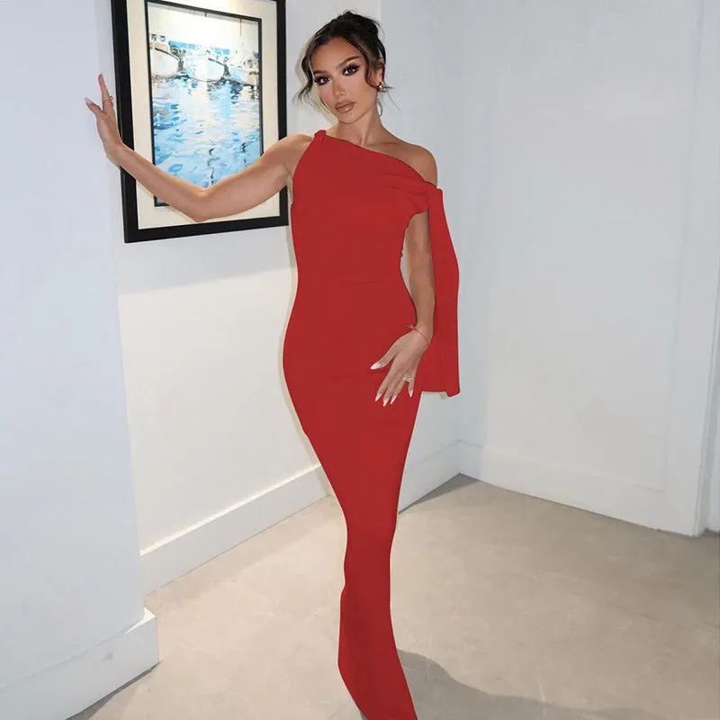 One Shoulder Ribbon Solid Color Dress