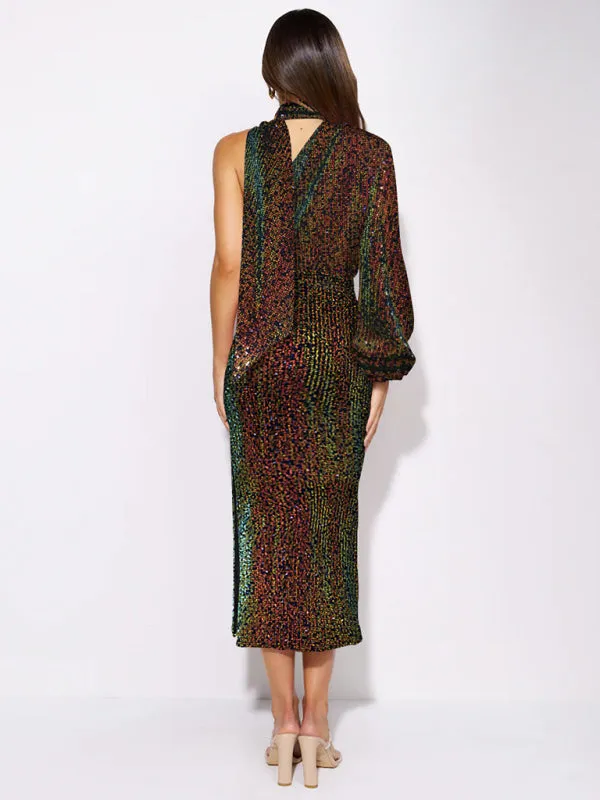 One-Shoulder Sequin Midi Dress with Slit and Long Sleeve