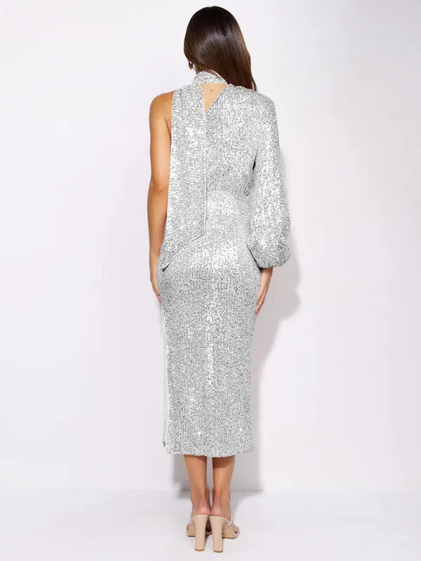 One-Shoulder Sequin Midi Dress with Slit and Long Sleeve
