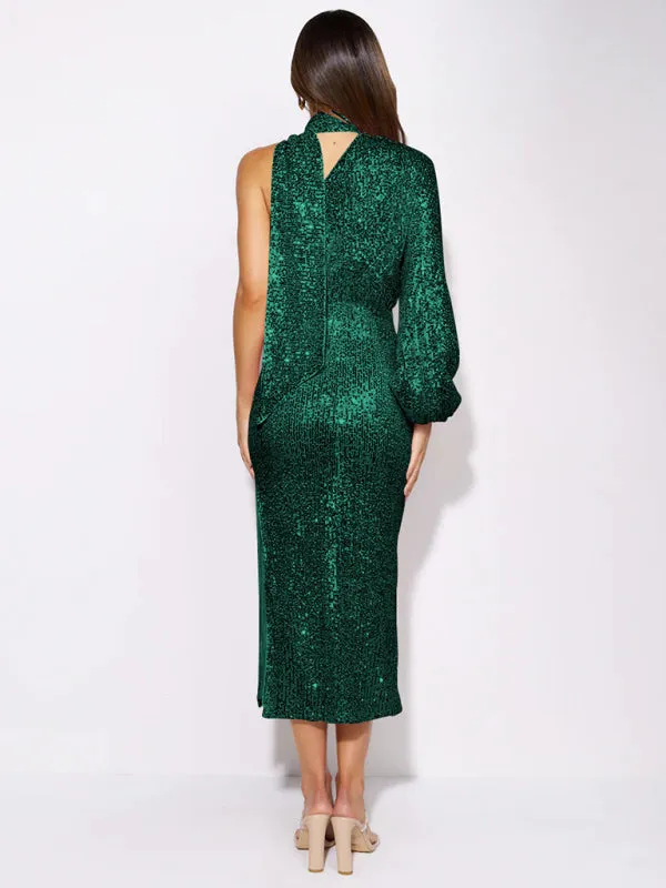 One-Shoulder Sequin Midi Dress with Slit and Long Sleeve