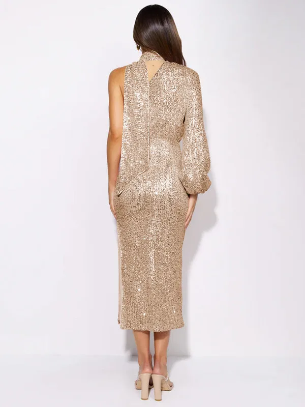 One-Shoulder Sequin Midi Dress with Slit and Long Sleeve