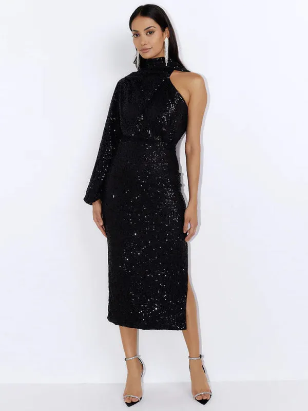 One-Shoulder Sequin Midi Dress with Slit and Long Sleeve