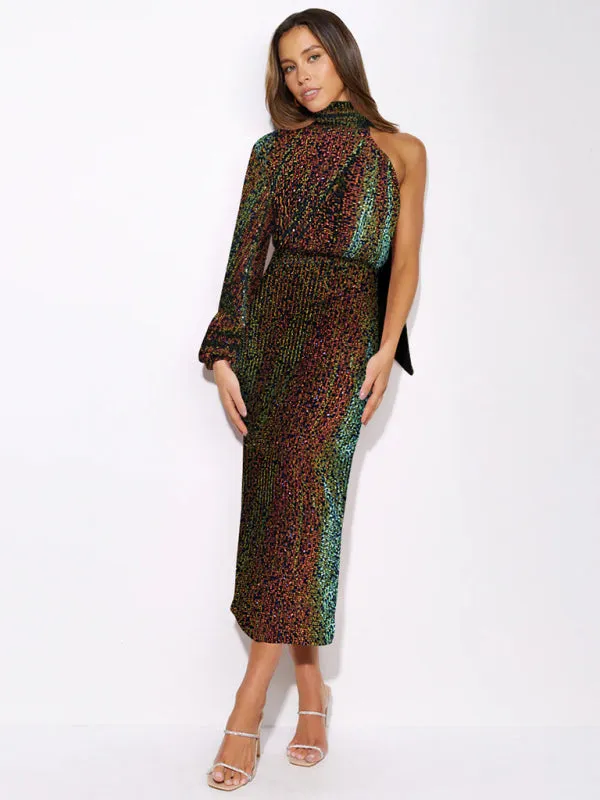 One-Shoulder Sequin Midi Dress with Slit and Long Sleeve