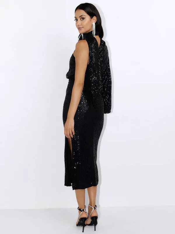 One-Shoulder Sequin Midi Dress with Slit and Long Sleeve