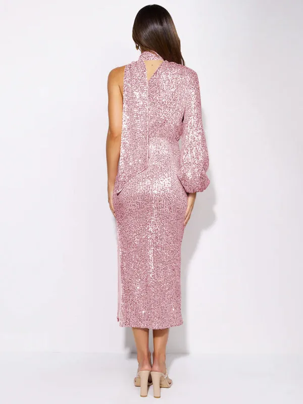 One-Shoulder Sequin Midi Dress with Slit and Long Sleeve