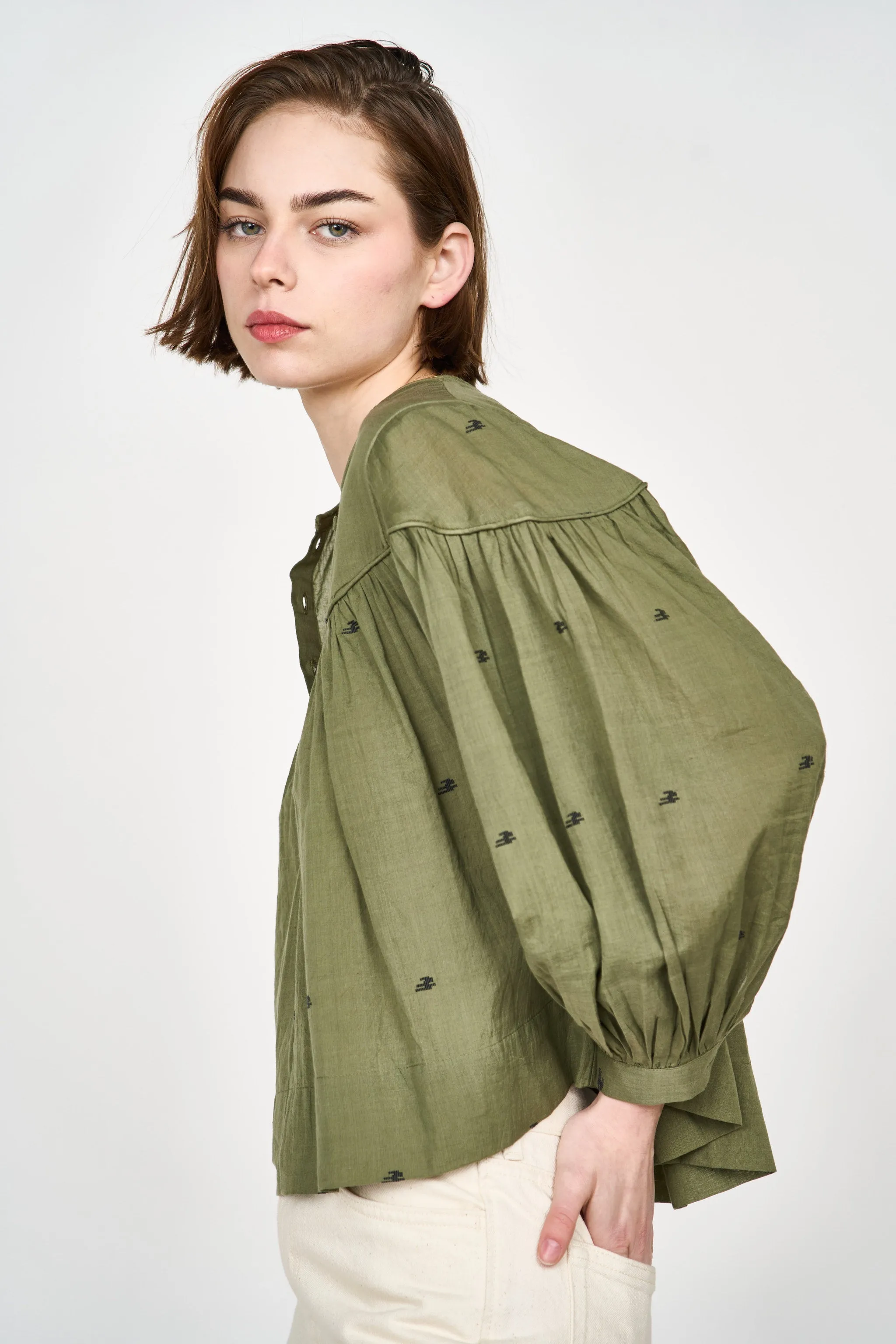 Oslo Blouse in Olive Jamdani