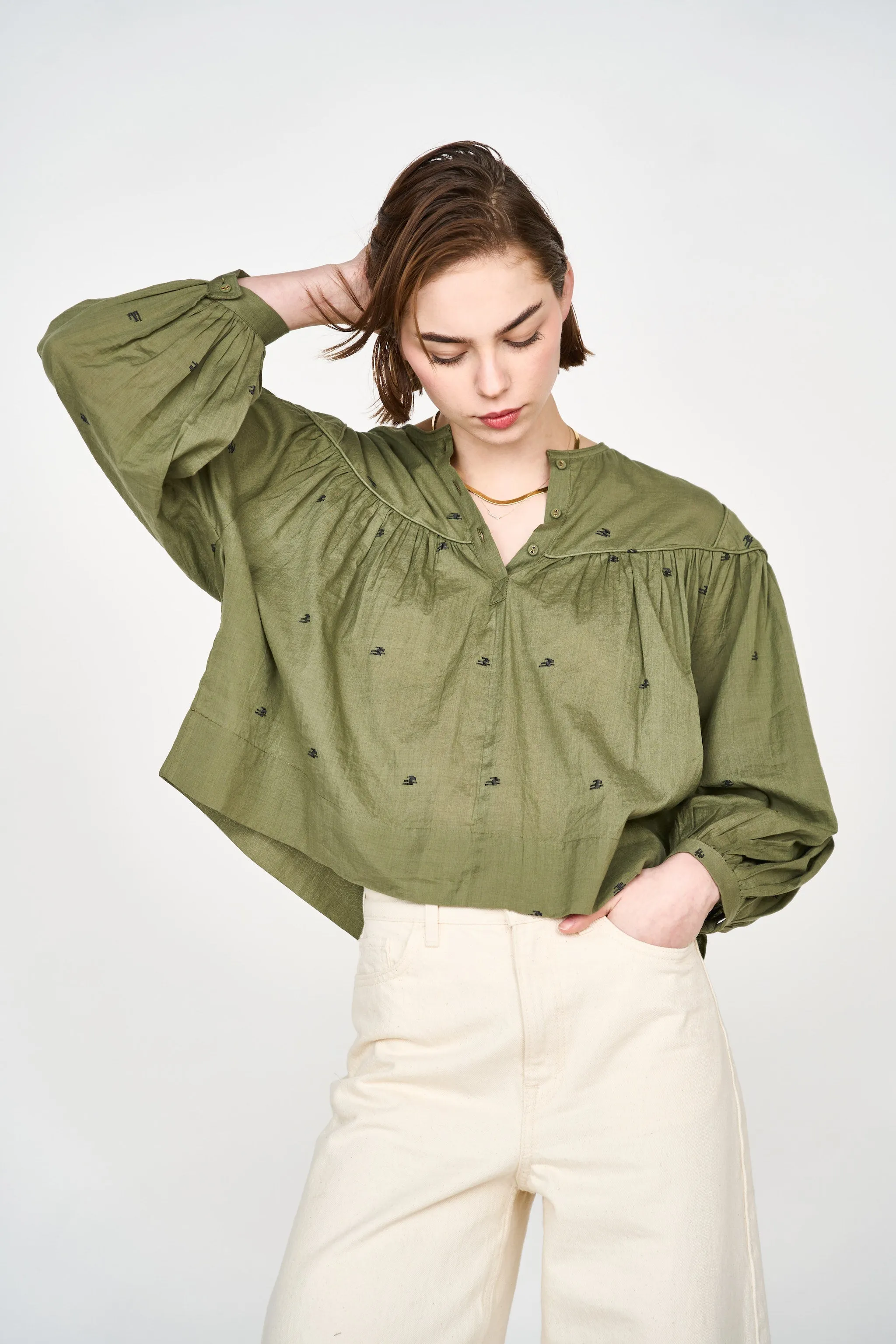 Oslo Blouse in Olive Jamdani