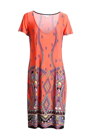 Patterned Orange Deep Scoop Shift Dress