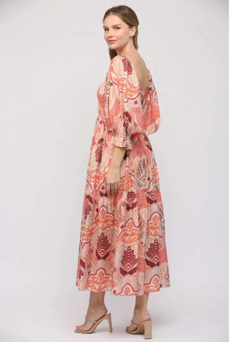Pink Abstract Smocked Bodice Midi Dress