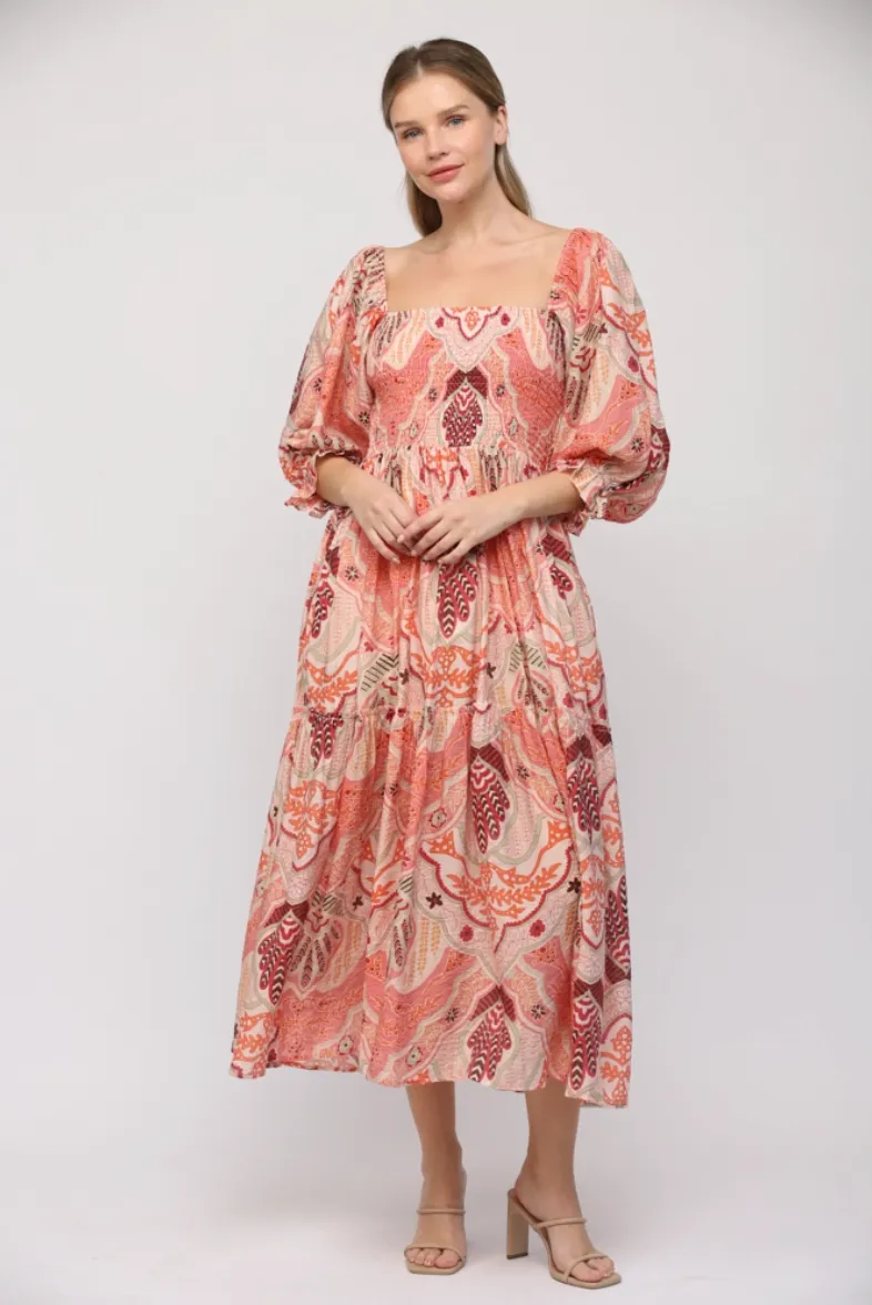 Pink Abstract Smocked Bodice Midi Dress