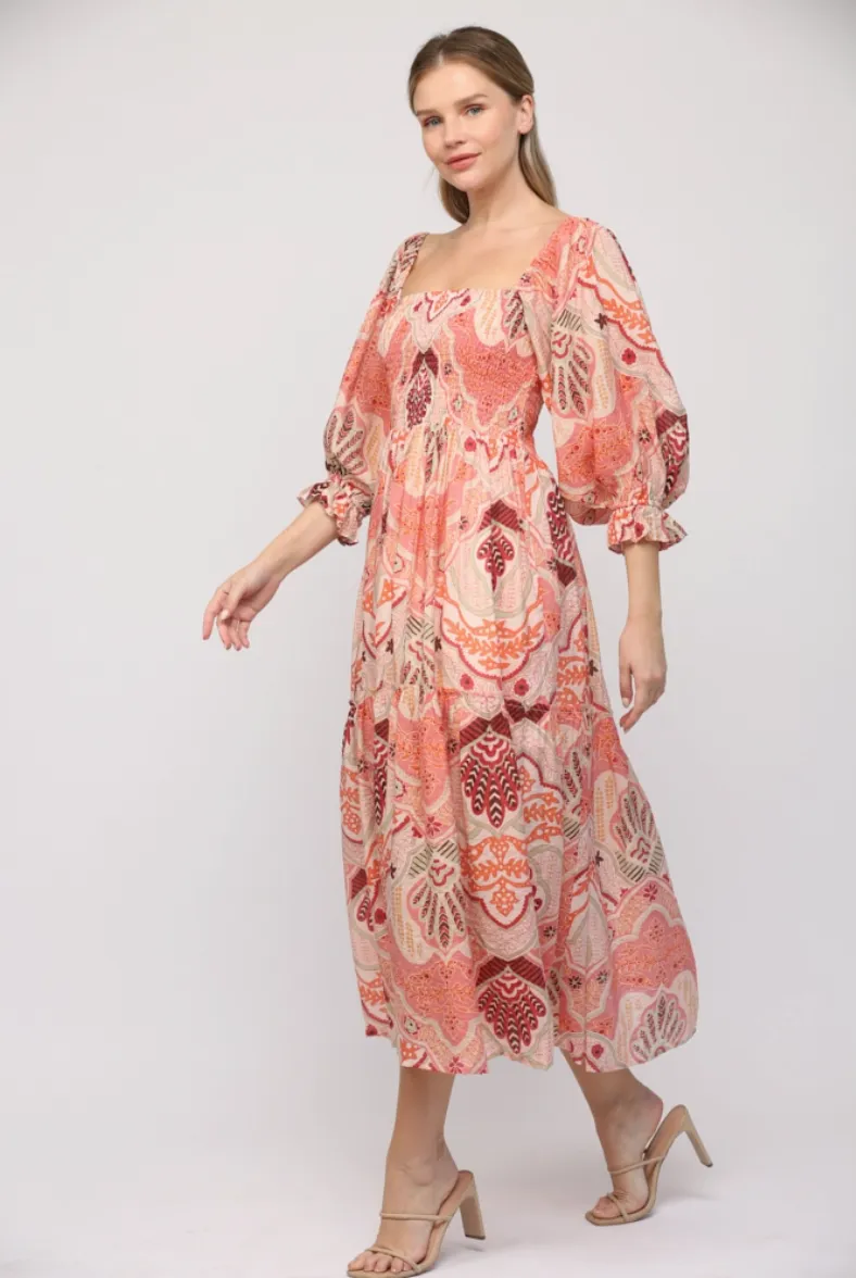 Pink Abstract Smocked Bodice Midi Dress