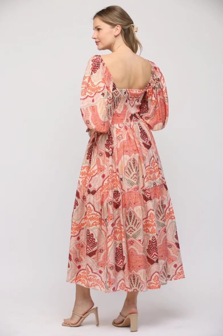 Pink Abstract Smocked Bodice Midi Dress