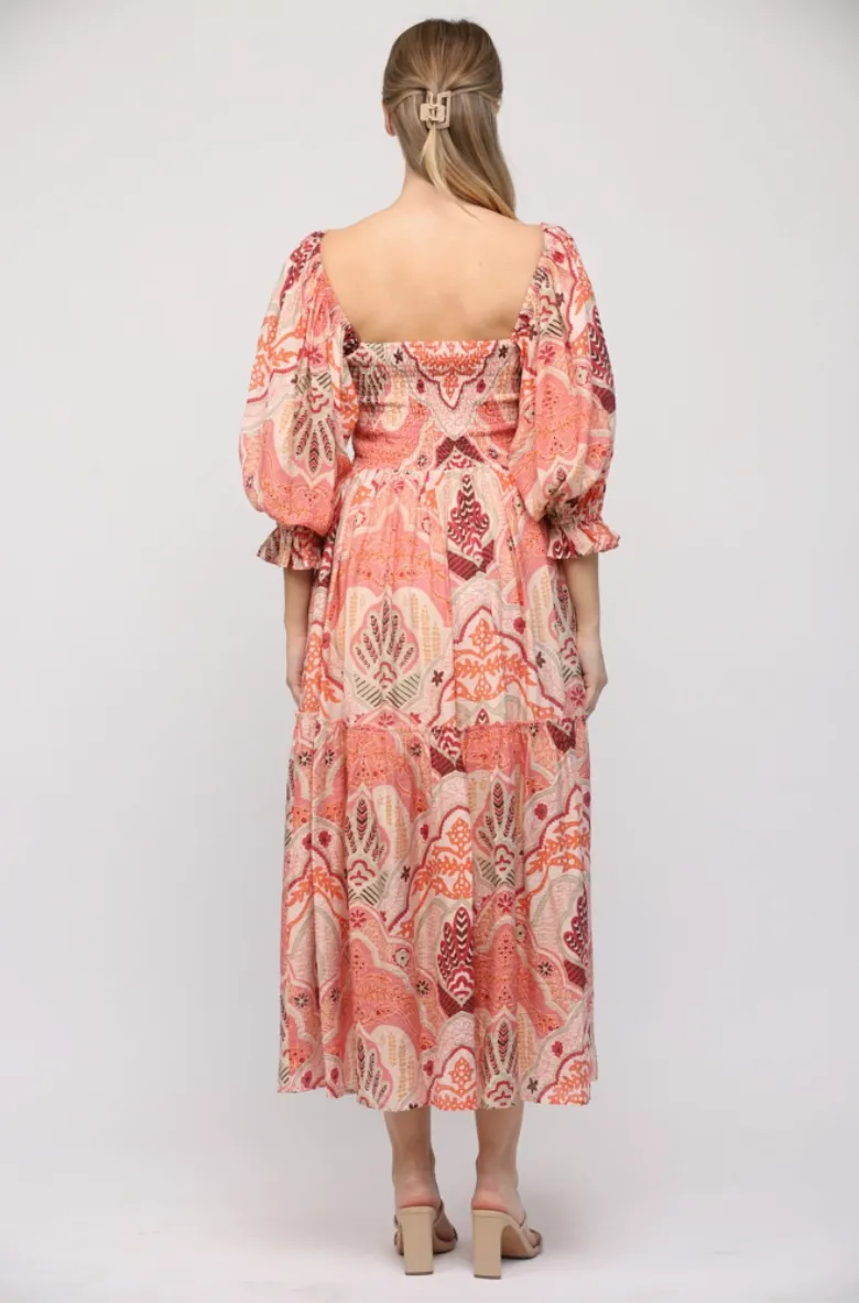 Pink Abstract Smocked Bodice Midi Dress