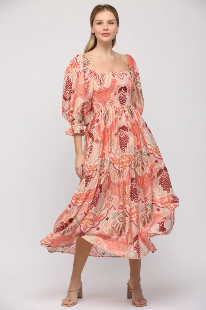 Pink Abstract Smocked Bodice Midi Dress