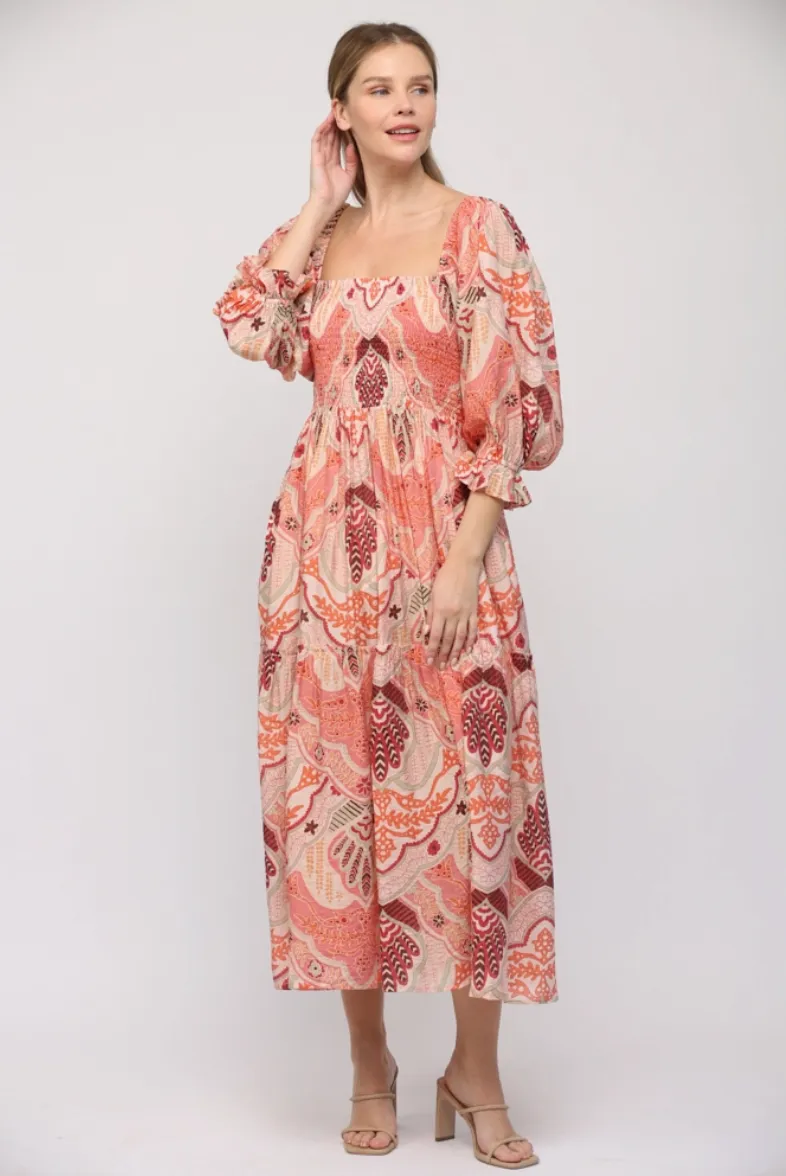 Pink Abstract Smocked Bodice Midi Dress