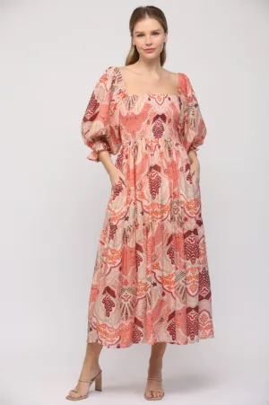 Pink Abstract Smocked Bodice Midi Dress
