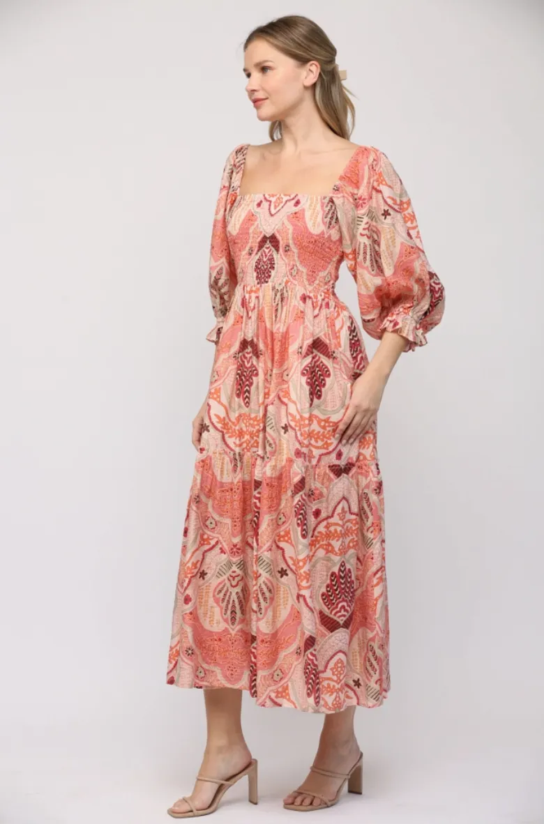 Pink Abstract Smocked Bodice Midi Dress